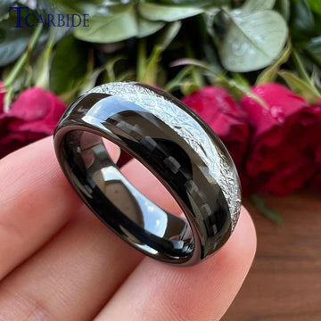 New Arrival White Meteorite And Black Carbon Fiber Inlay Trendy Tungsten Rings for Men Women - Comfort Fit Jewellery - The Jewellery Supermarket